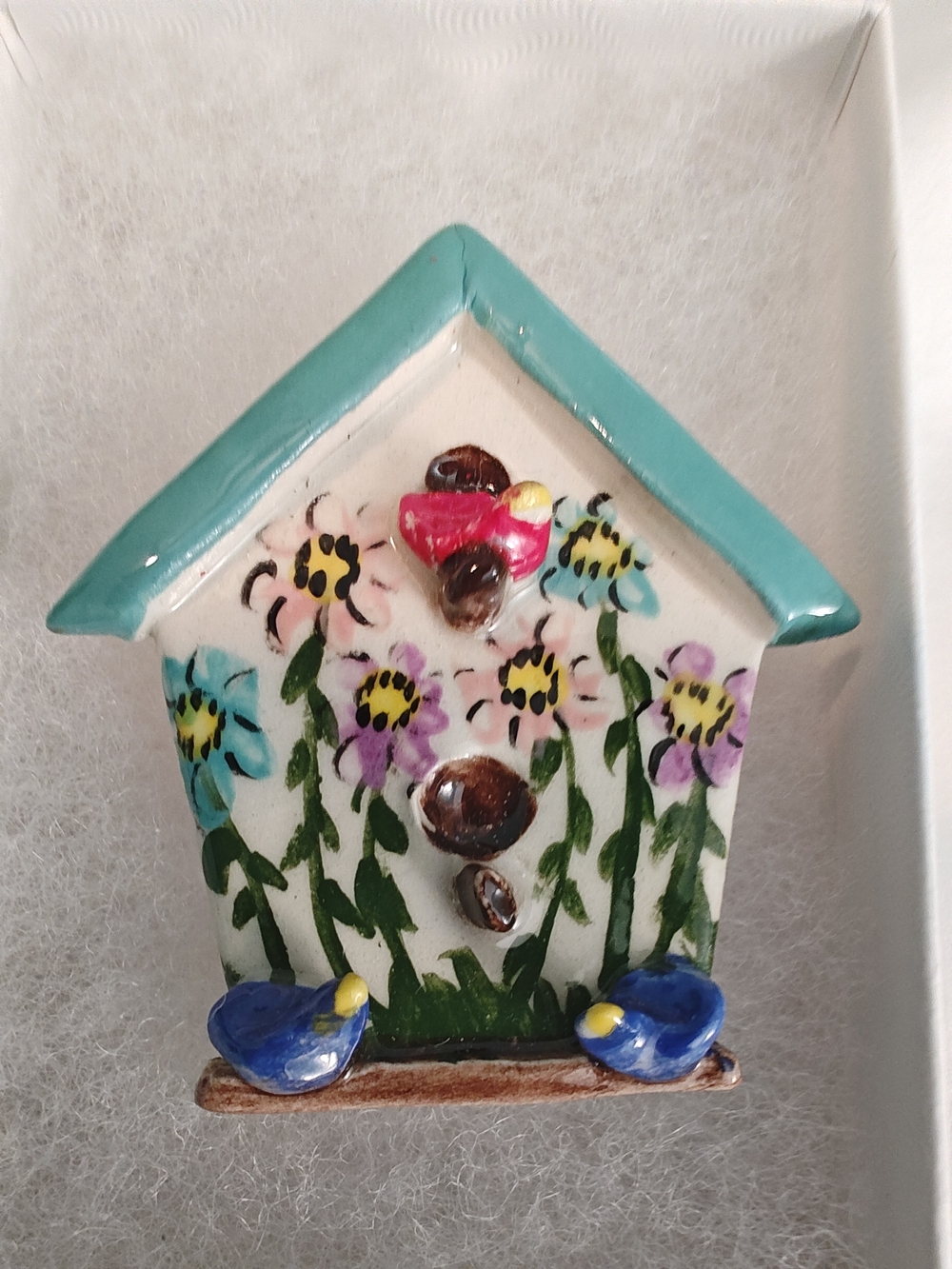Hand-Painted Floral Birdhouse Brooch in Teal, Blue & Pink